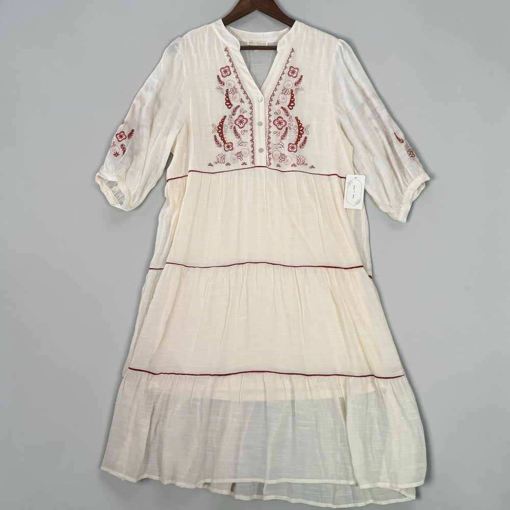Anthropologie Figueroa Flower Boho Embroidered Boho Dress Ivory Peasant Boho - L